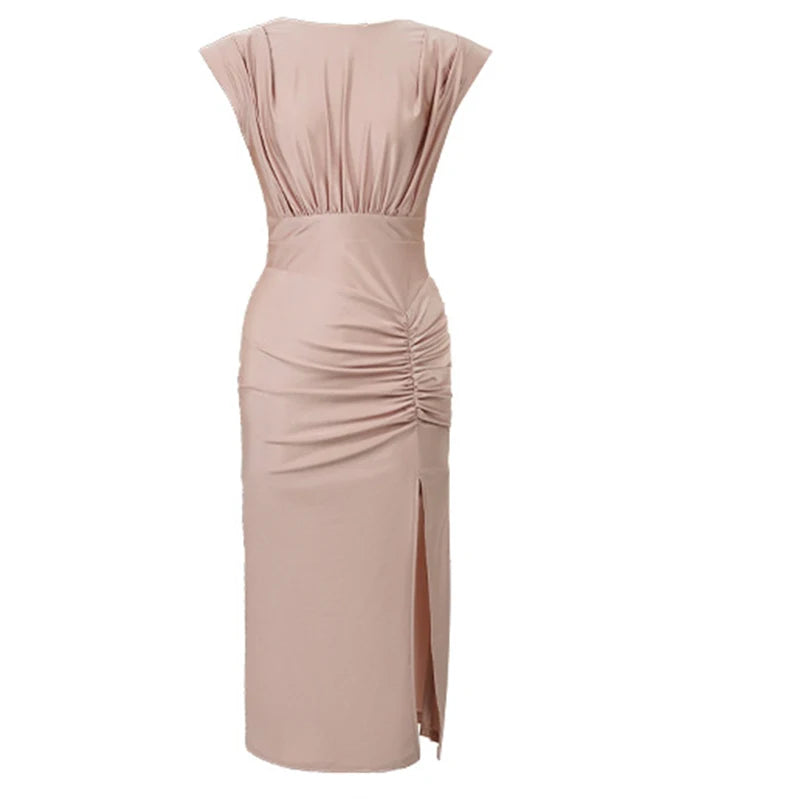 VESTIDO MIDI ENTALLADO CON DRAPEADO Y ABERTURA
