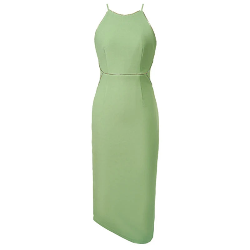 VESTIDO MIDI CON STRASS EN ESCOTE Y CINTURA
