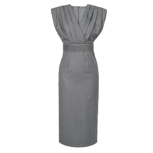 VESTIDO MIDI ENTALLADO ESCOTE PLISADO