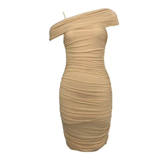 VESTIDO CORTO DRAPEADO CON ESCOTE ASIMÉTRICO