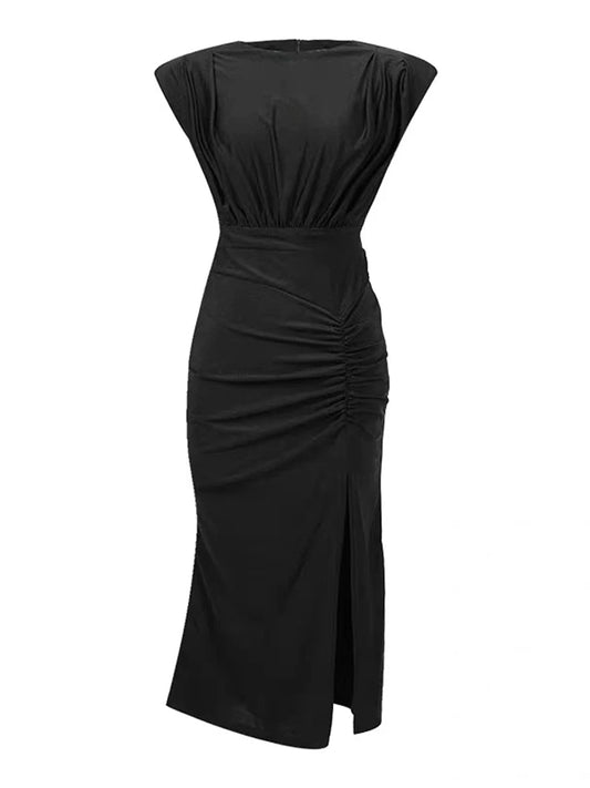 VESTIDO MIDI CON HOMBRERAS Y FRUNCE LATERAL