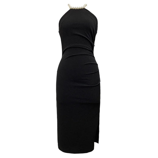 VESTIDO HALTER CON DETALLE DE PERLAS