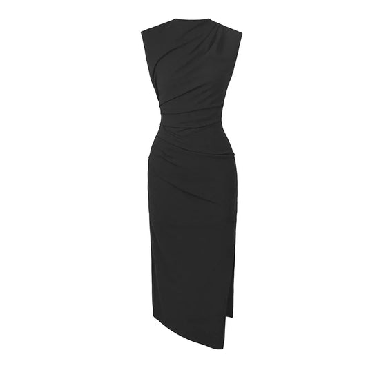 VESTIDO LARGO CON FRUNCIDOS Y ABERTURA