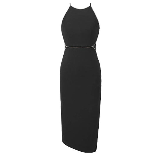 VESTIDO MIDI CON STRASS EN ESCOTE Y CINTURA