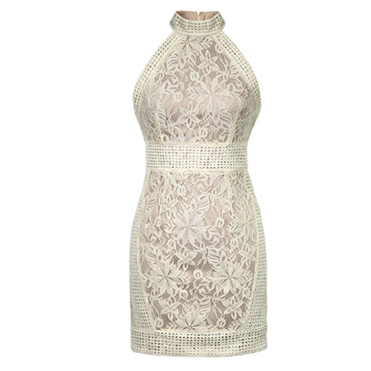 VESTIDO CORTO HALTER ENCAJE FLORAL