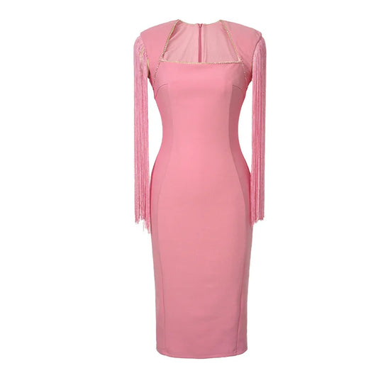 VESTIDO MIDI CON FLECOS Y ESCOTE CUADRADO