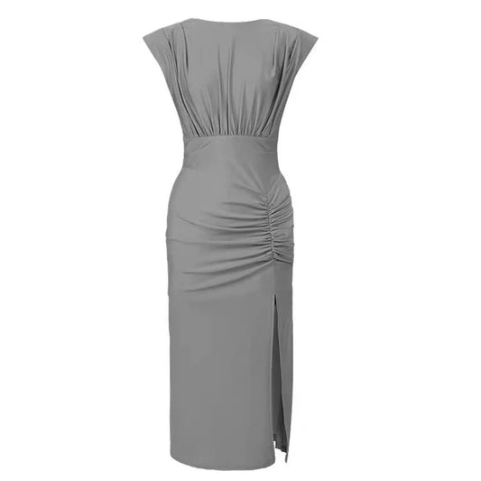 VESTIDO MIDI ENTALLADO CON DRAPEADO Y ABERTURA